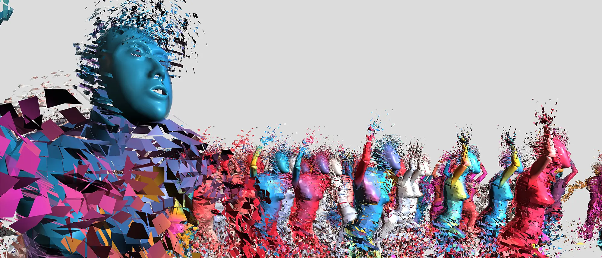 On a blank background, multicolored bodies seem to be marching or fleeing. Their hands and legs dissolve into confetti-like pieces.