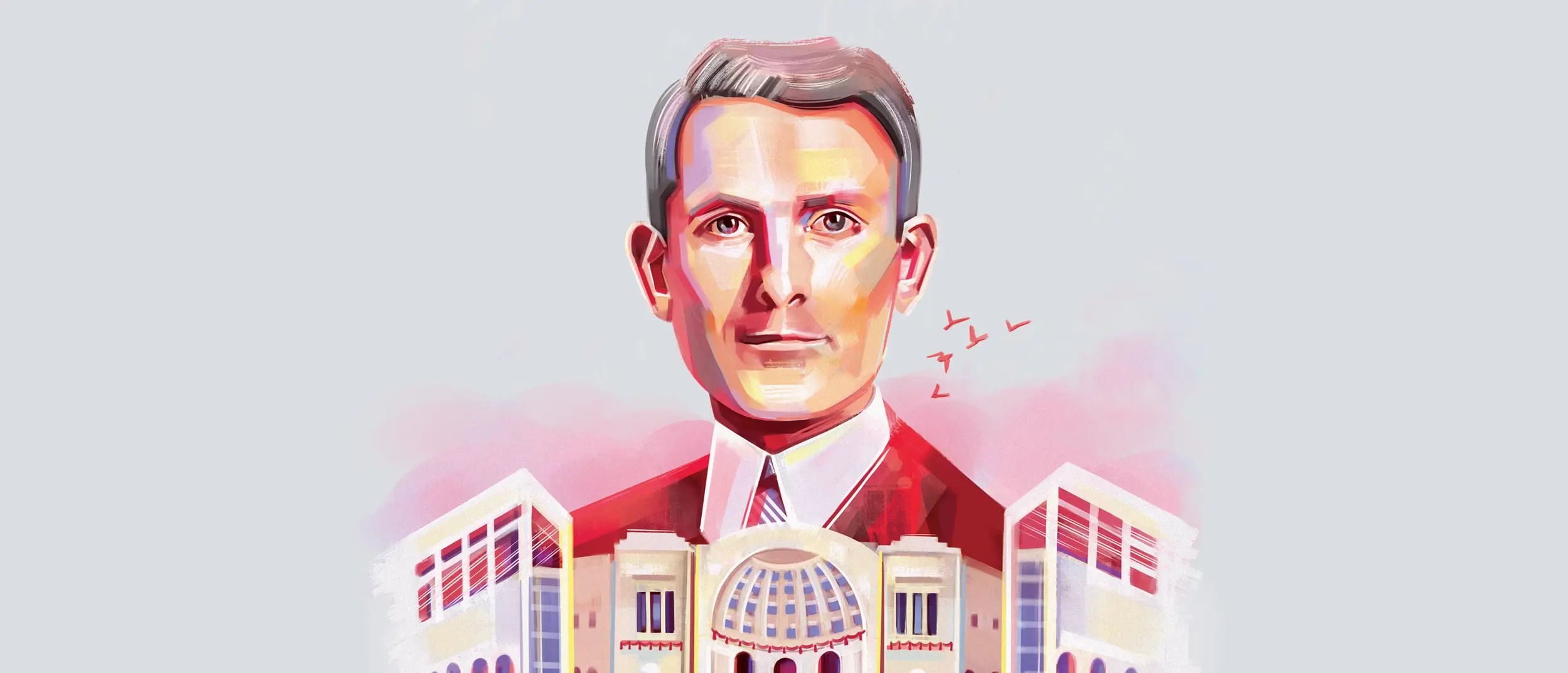 An illustration of Howard Dwight Smith as he appeared in 1921 with Ohio Stadium in the foreground
