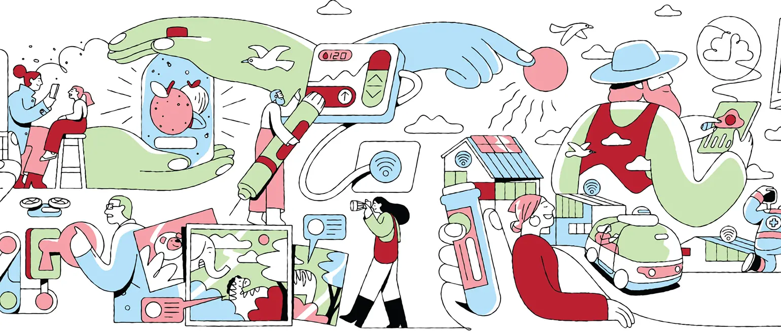 This line drawing shows people at work and represents innovation happening at Ohio State. Scenes include an adult giving a child an eye exam with a cellphone; hands holding fruit juice; a person holding an injector and looking at a medical device; and a woman photographing wild animals.