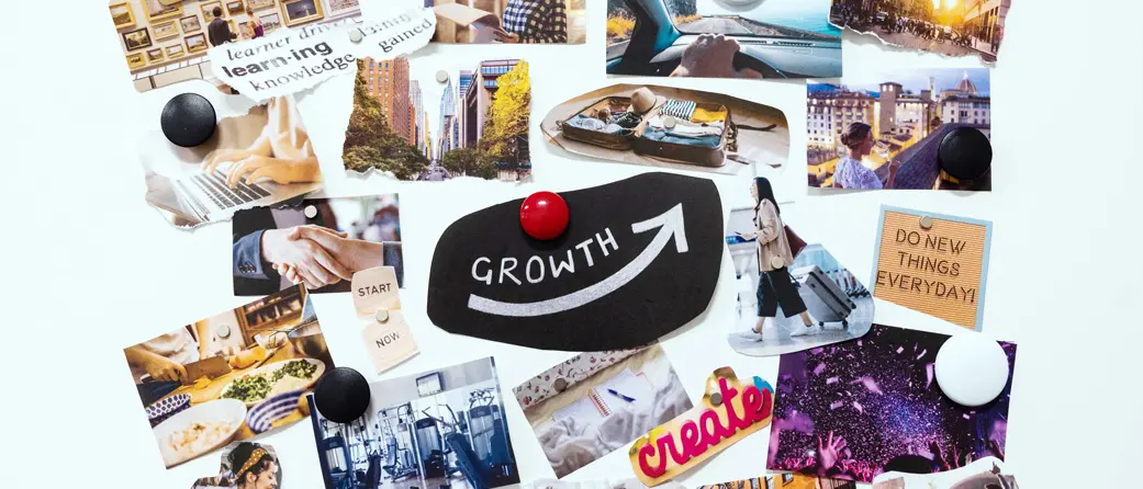 Pictures with torn edges represent New Year’s resolutions: They show travelers and foreign city skylines, friends helping one another and things people can do to be healthy.