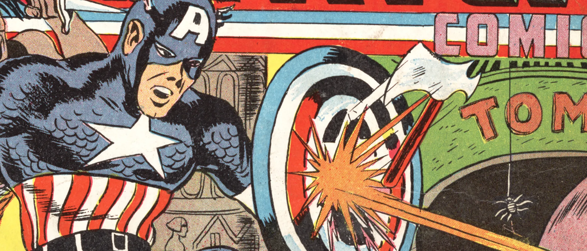 In a detail from a comic book cover: A hand-drawn Captain America, wearing a red, white and blue suit that covers the top half of his face to hide his identity, holds up his shield to block an attack that makes short rays blast in all directions.