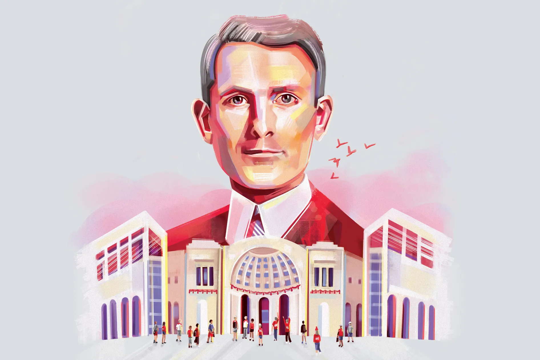An illustration of Howard Dwight Smith as he appeared in 1921 with Ohio Stadium in the foreground