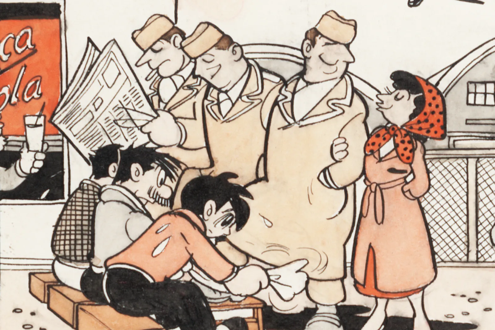 In a line drawing with some colors, a line of three white men, the third of whom has his elbow linked with a woman, gets shoes shined by three Japanese men who appear significantly smaller. In the background are a plane and what is likely a military base. The three men are probably troops. The main character, Atom Boy, is the closest of the shoe shiners, and he seems to be working hard.