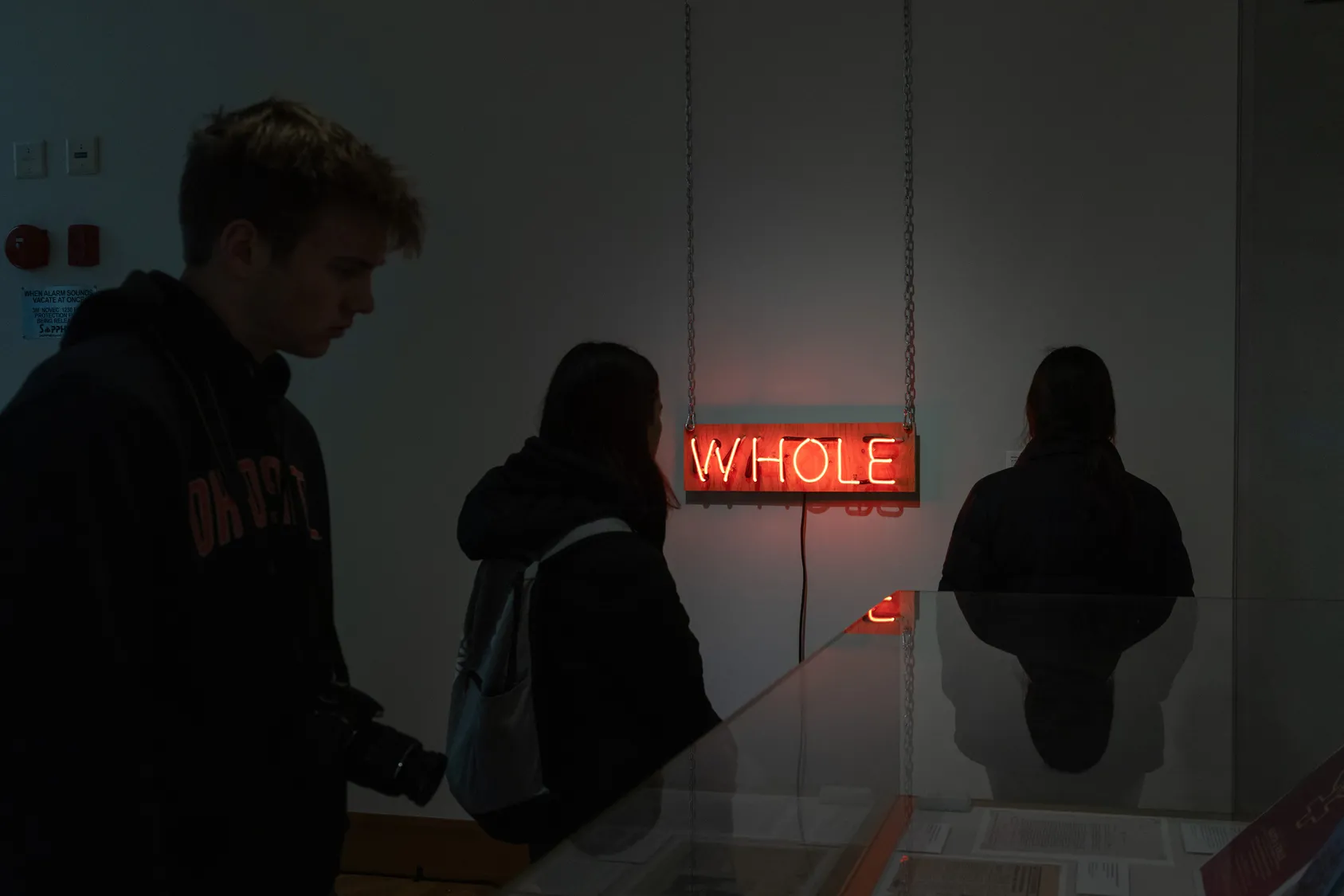 In a dimly lit photo, darker silhouettes of three people can be made out. On the light-colored wall, a neon sign hangs at throat-height of two silhouettes beside it. It says “whole.” 