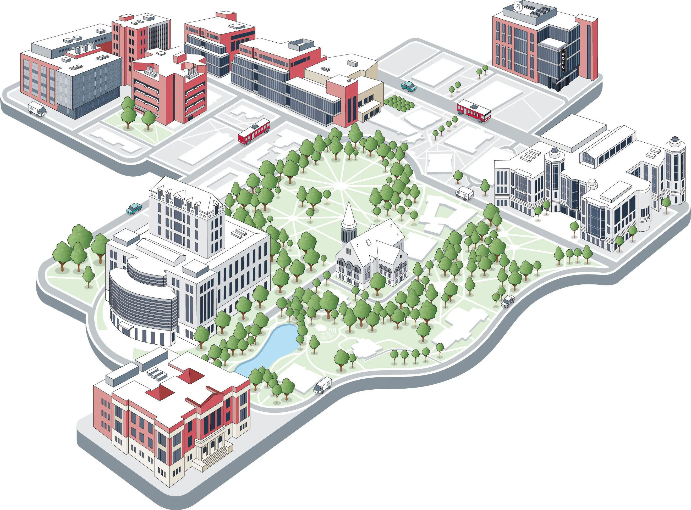 An illllustrated map shows, from a sky view, the Oval and iconic Ohio State buildings such as Thompson Library and the Union, as well as new builds, which are shown in more colors than the classics are.