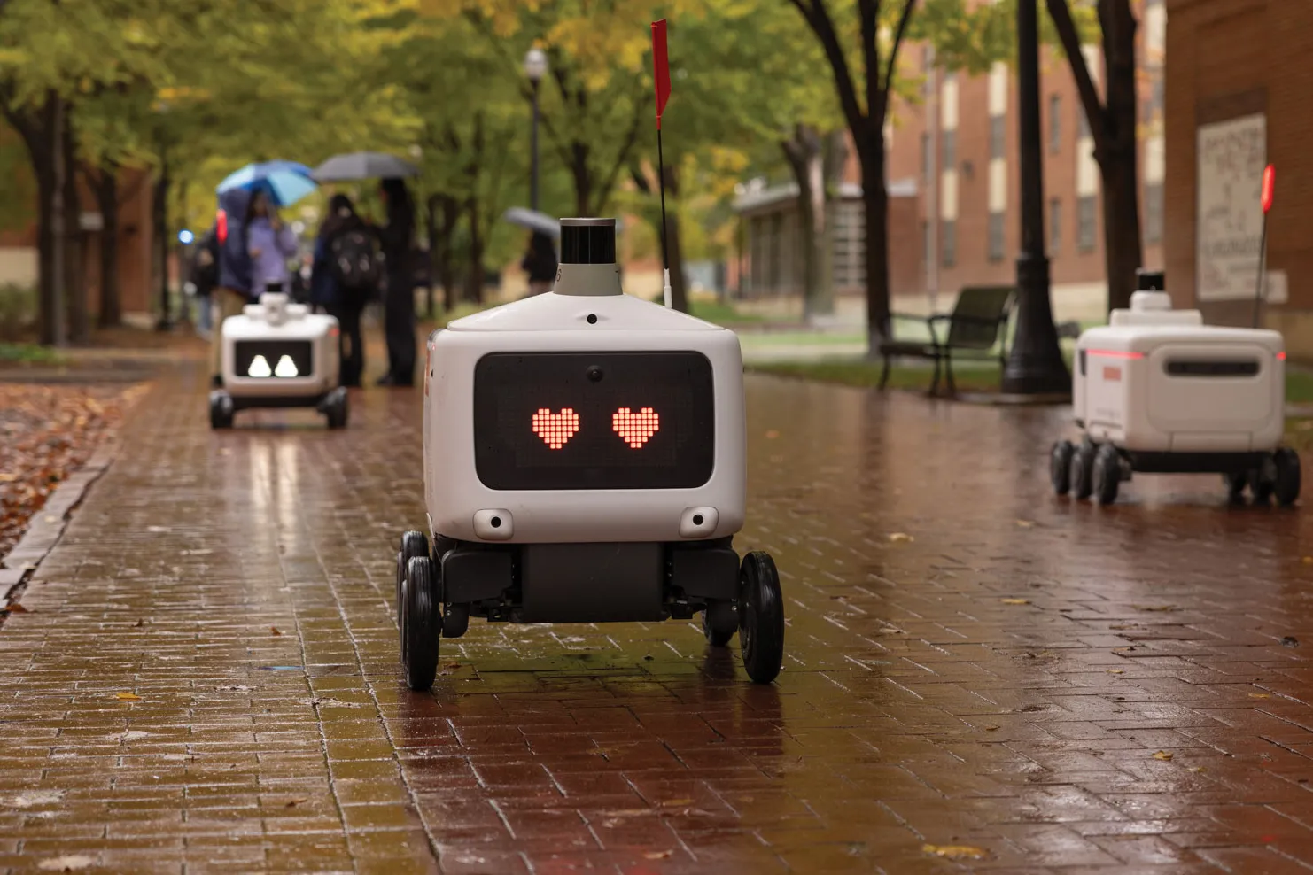 On a wet brick sidewalk, a robot has heart eyes and rolls merrily on its way. The things closest to it are other robots; students in the distance carry umbrellas.
