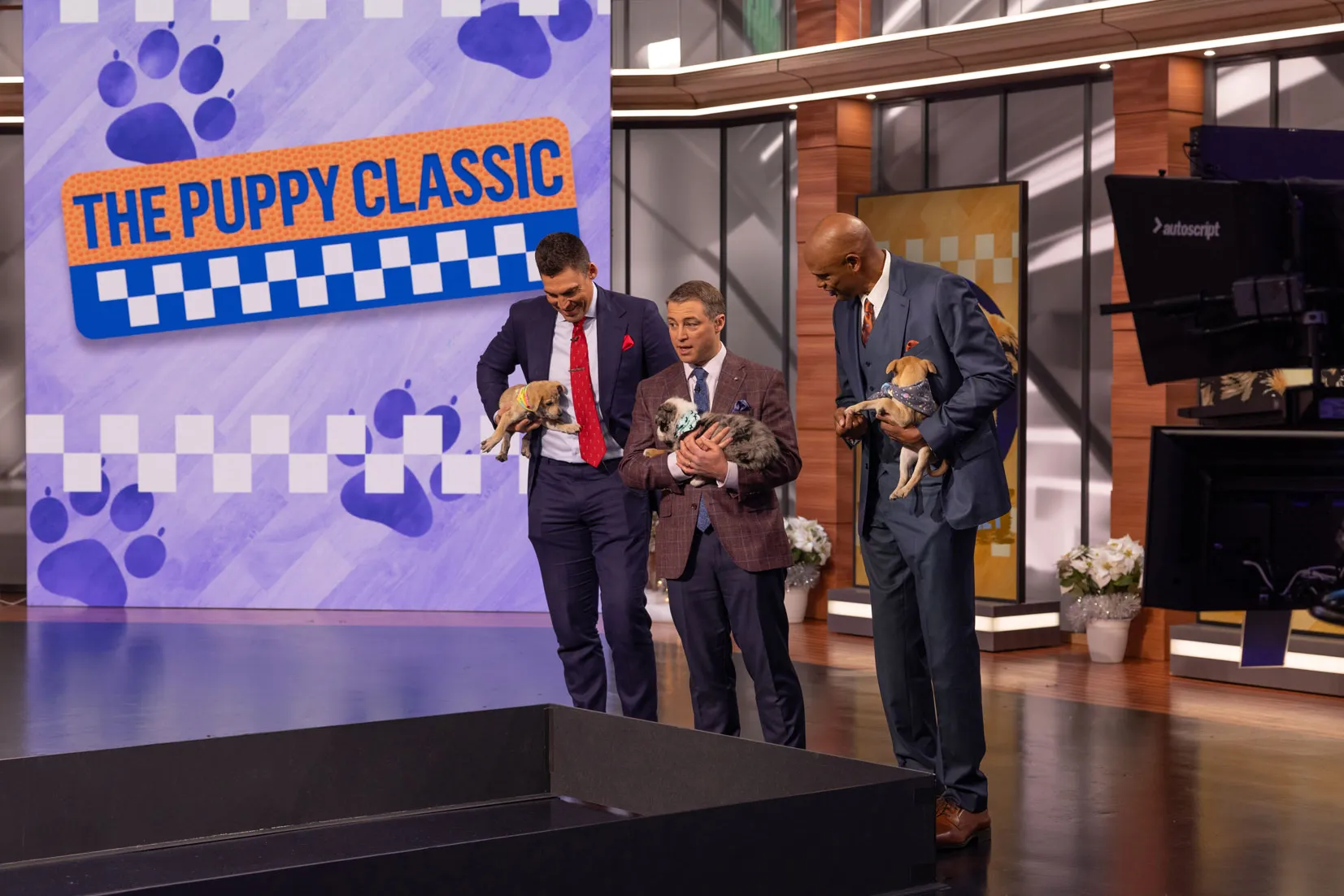 On-air sports commentators Wally Szczerbiak, Adam Zucker and Clark Kellogg each laugh and hold a puppy as cameras roll. Behind them is a jumbo screen that says “The puppy classic.”