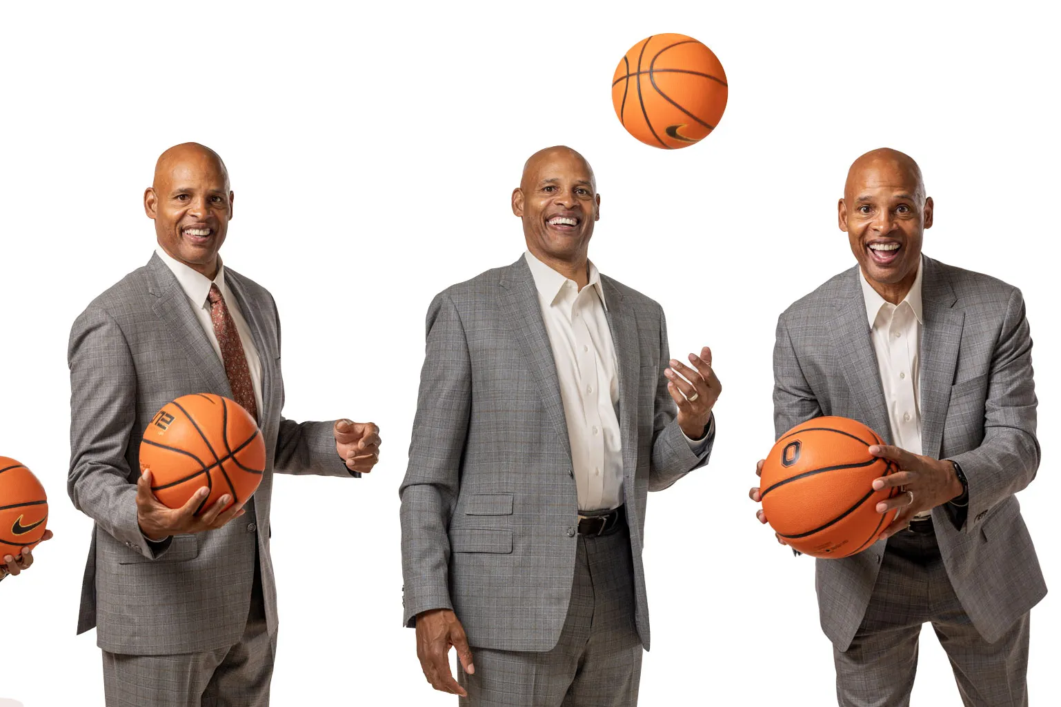 Clark Kellogg grins as he poses with a basketball in four panels. He wears a suit and alternately holds the ball, holds it out as if offering it to you, tosses it in the air and holds it forward in a basketball playing stance.