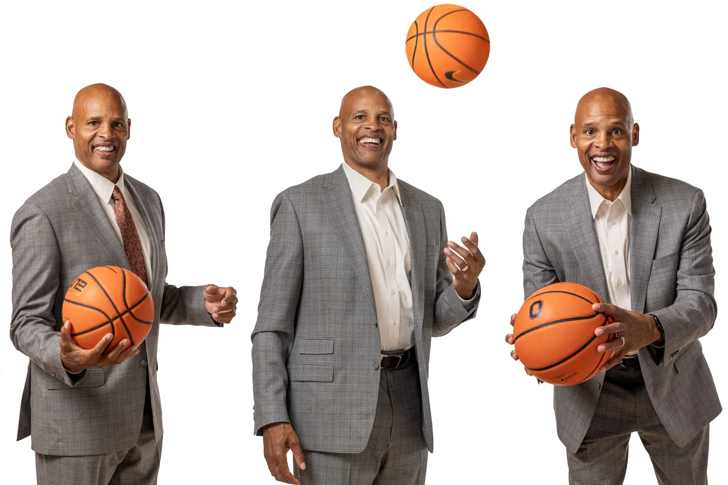 Clark Kellogg grins as he poses with a basketball in panels. He wears a suit and alternately holds the ball, holds it out as if offering it to you, tosses it in the air and holds it forward in a basketball playing stance.