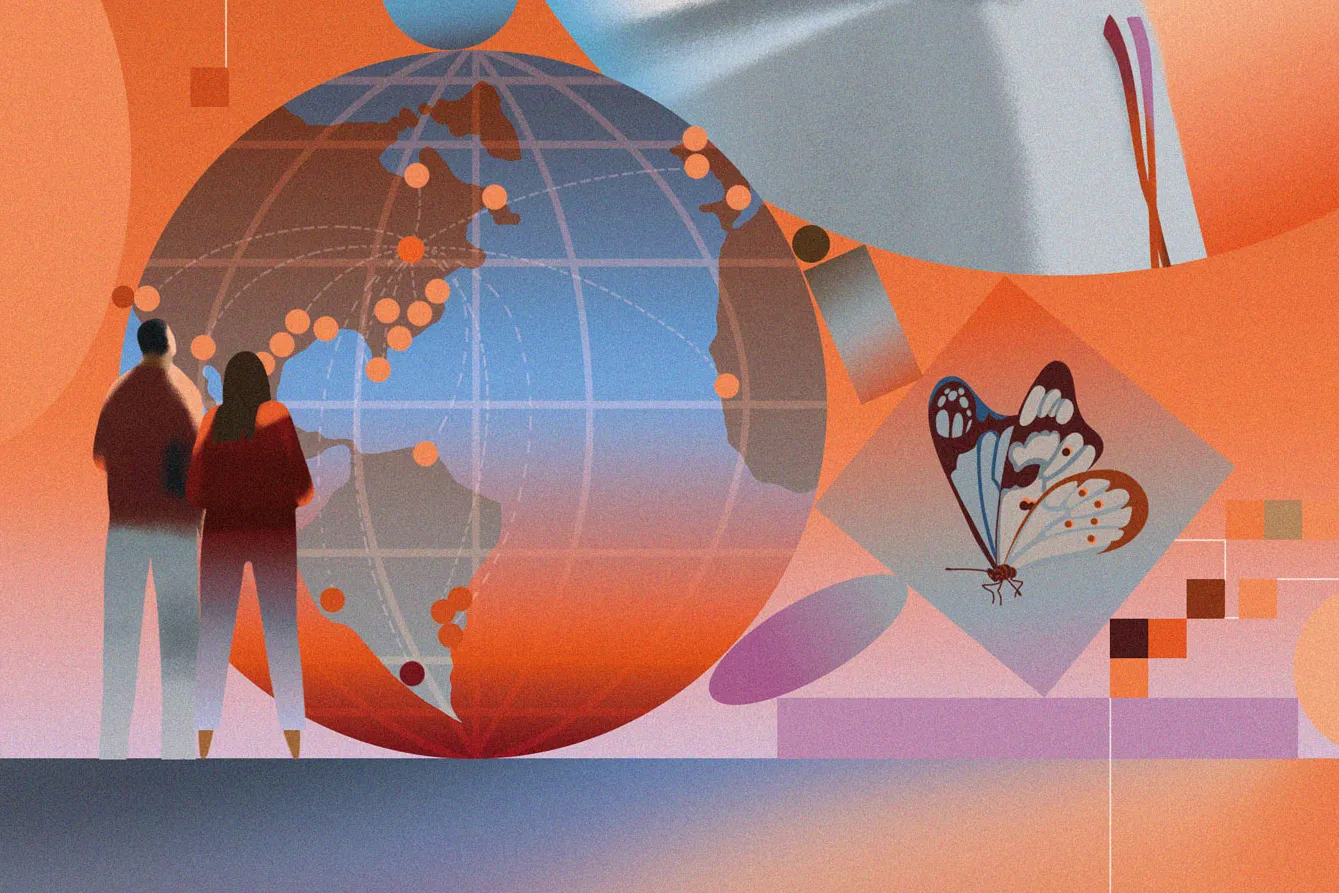 An illustration showing a person in a hoodie inside a large circular frame, surrounded by abstract shapes, a globe, a butterfly drawing, two people standing together, and an Ohio State shirt.