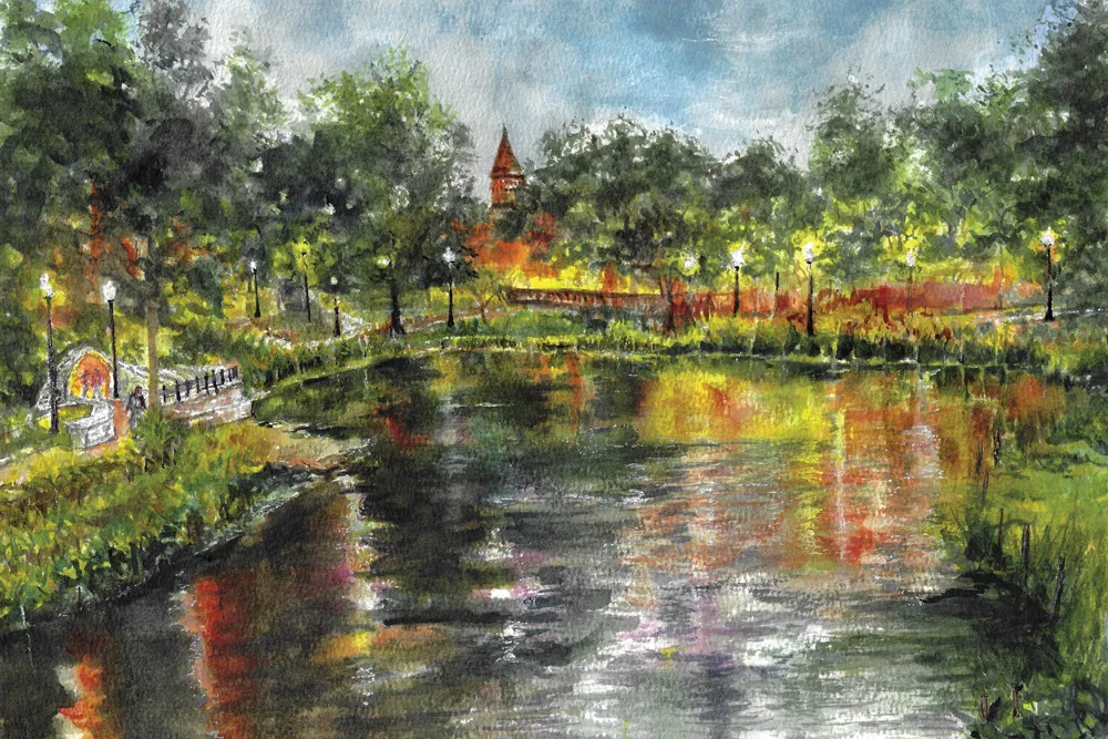 A painting shows colors reflected on mirror lake