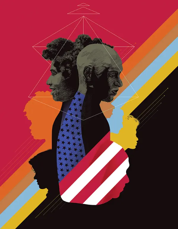 Artwork by Adrian Franks, showing the profile of two Black people facing opposite directions in front of a a diagonal color block - red, orange, blue, yellow, and black. Silhouettes of other faces can be seen in the color block