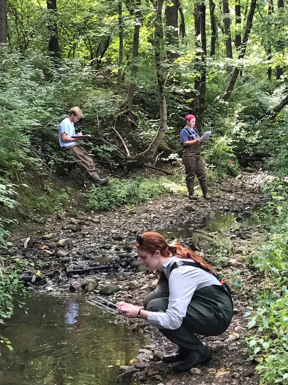 3 students are holding clipboards and ecology equipment while they study sediment in a stream during a class.