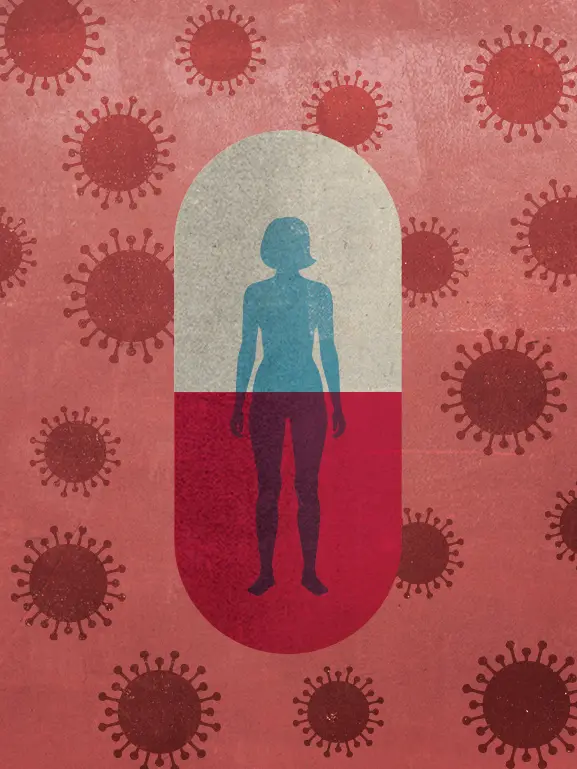 illustration of a figure inside a 2 toned pill with virus pattern in background