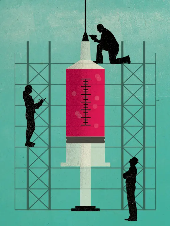 illustration of people interacting with a large syringe 