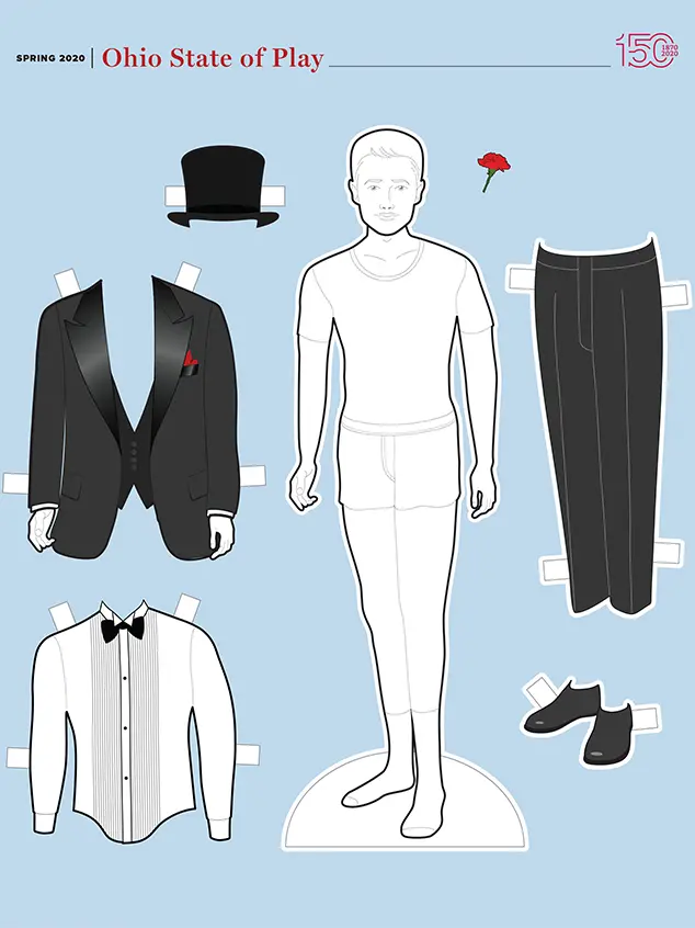 male paper cut out doll with a black tuxedo a top hat and a rose