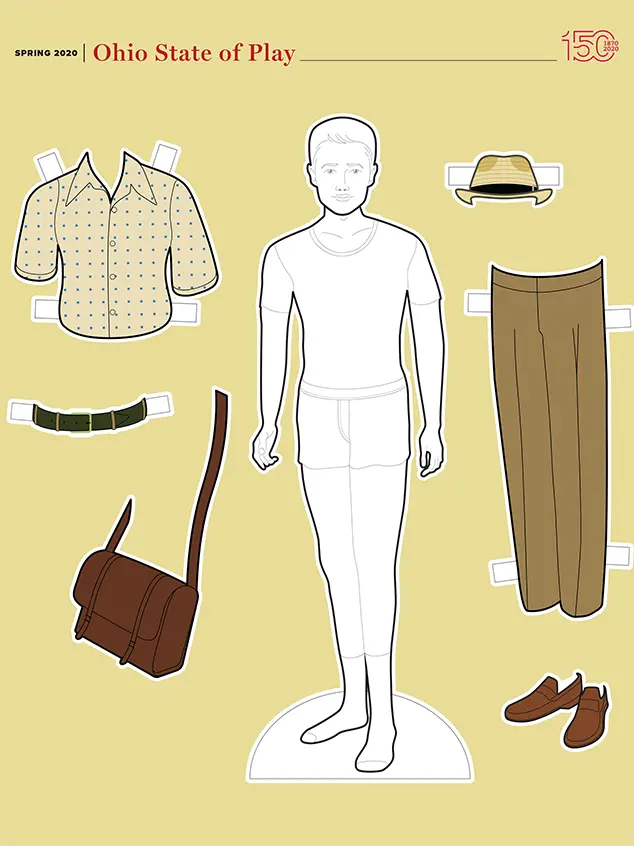male paper cut out with tan pants and a fedora