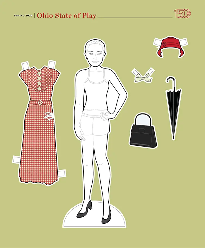 female paper cut out doll with red and white checkered dress and accessories