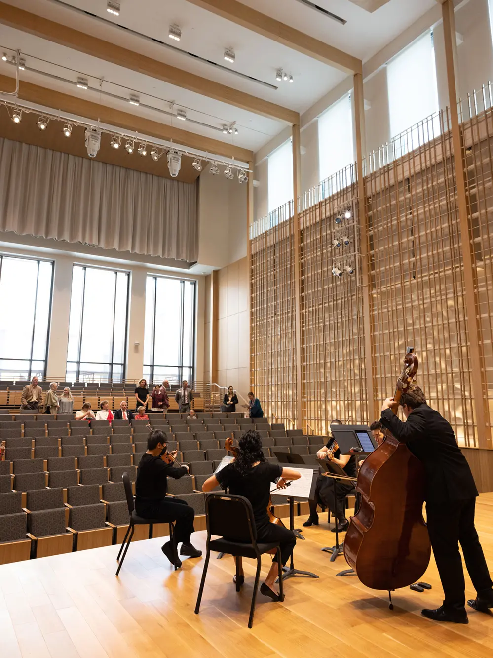Seen from behind, five musicians play stringed instruments in a recital hall with mostly empty seats. The ceiling is very high, windows let in natural light and the acoustic treatment of the walls looks like modern art.