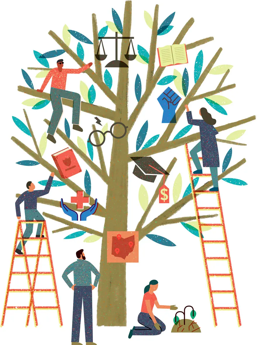 An illustration shows people climbing a tree with ladders or sitting on branches. They are reaching up into the tree, and symbols are among the leaves on its branches. There are symbols of books, scales of justice, a fist, a graduation cap and other related images.