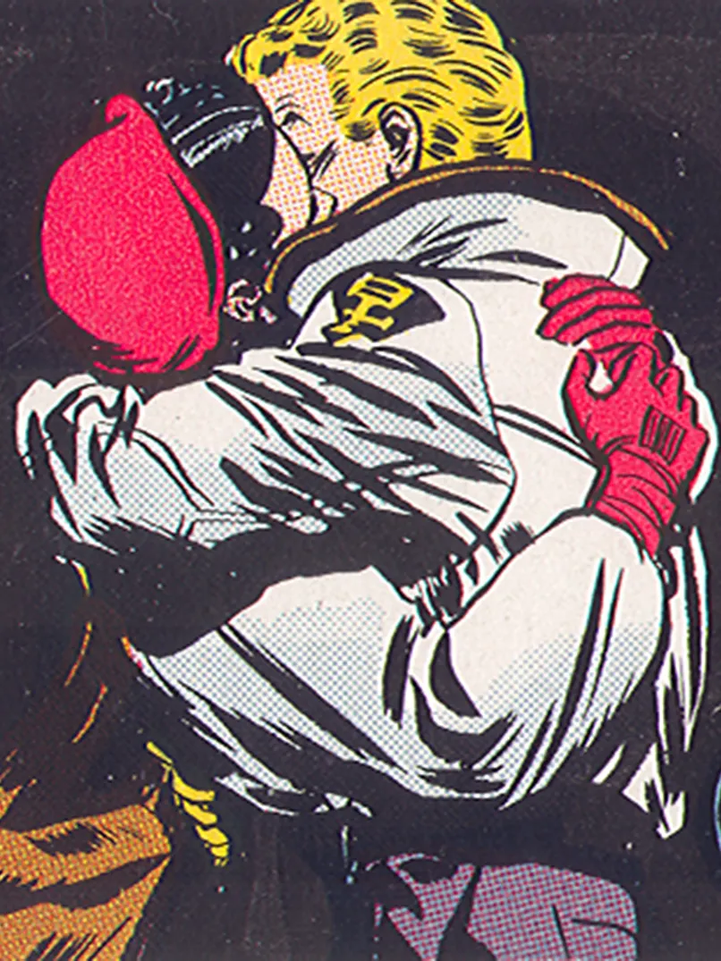 A blond man and black-haired woman embrace as they kiss. The colors are bold and the blacks are very black in this drawing, though both people wear white. The wrinkles and folds of their clothing are detailed.