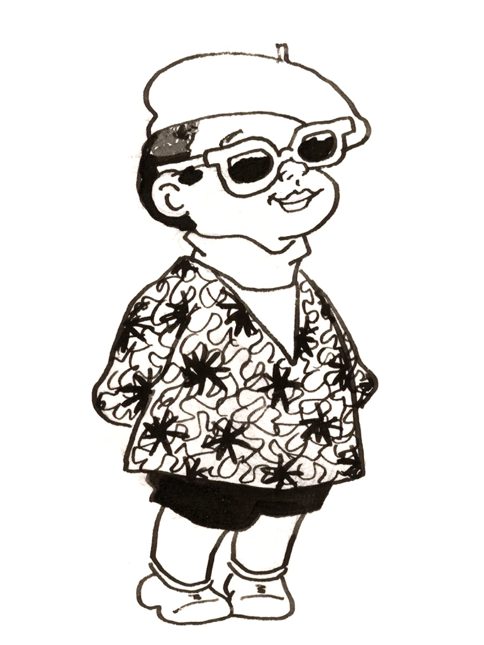 A black and white drawing shows a young girl wearing sunglasses, a beret, a flower shirt and shorts. She has a slight smile and is standing on her toes, slightly leaning forward, with his hands clasped behind his back.