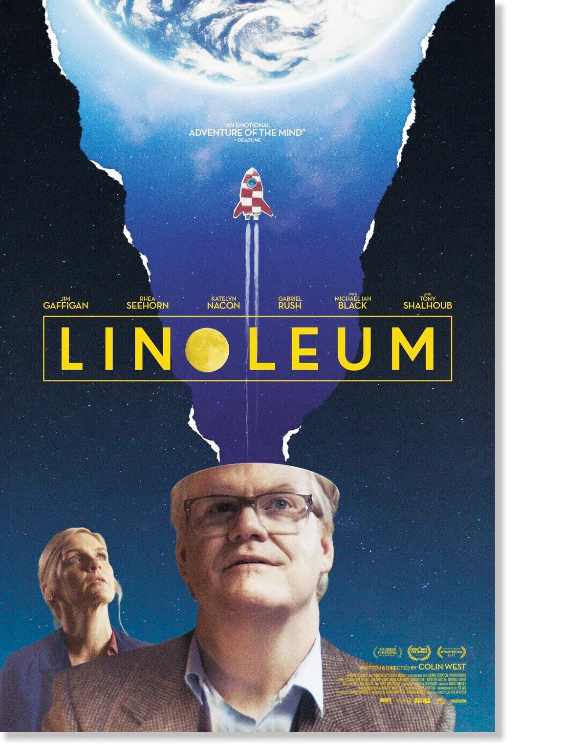 A movie poster says “Linoleum” and shows a male actor and a woman behind him looking toward the sky. Coming out of the man’s head is a path to space, appearing as if the poster has been torn and it is underneath, and there is a little illustrated rocket flying up.