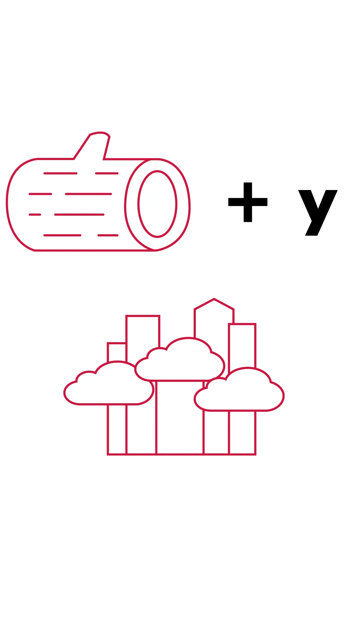 First line: a log on its side, a plus sign, the letter y Second line: A city skyline with clouds all around the tops of the buildings