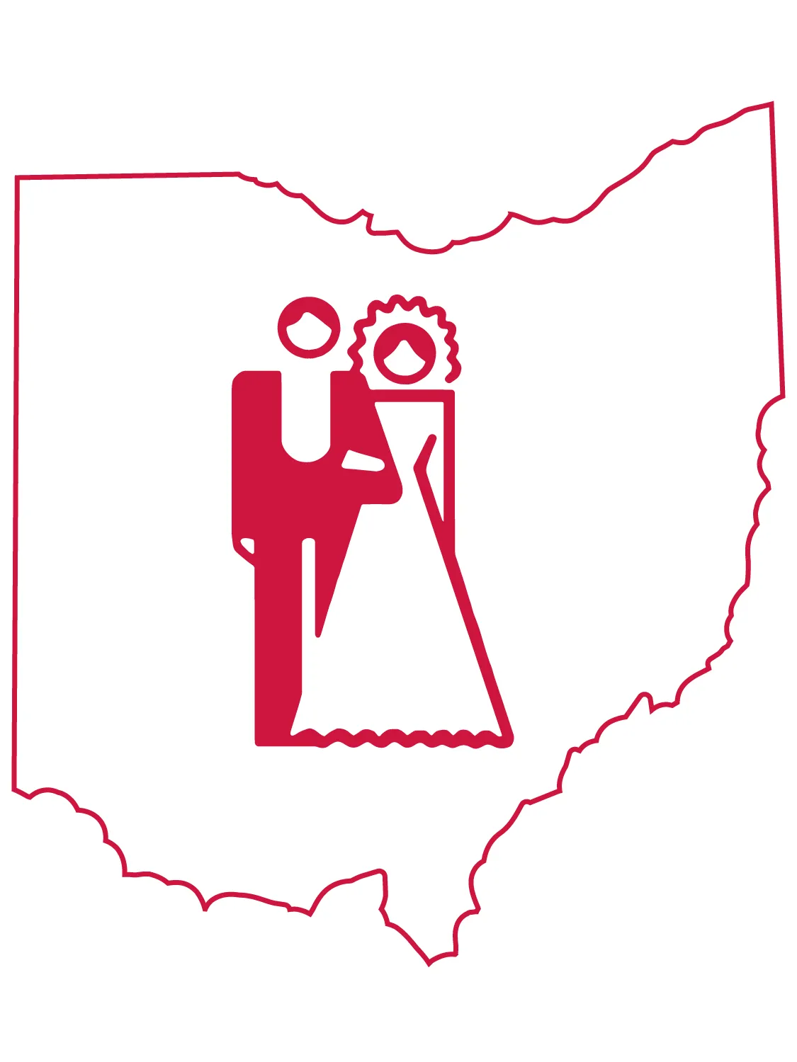 A bride and groom shown inside the outline of the state of Ohio