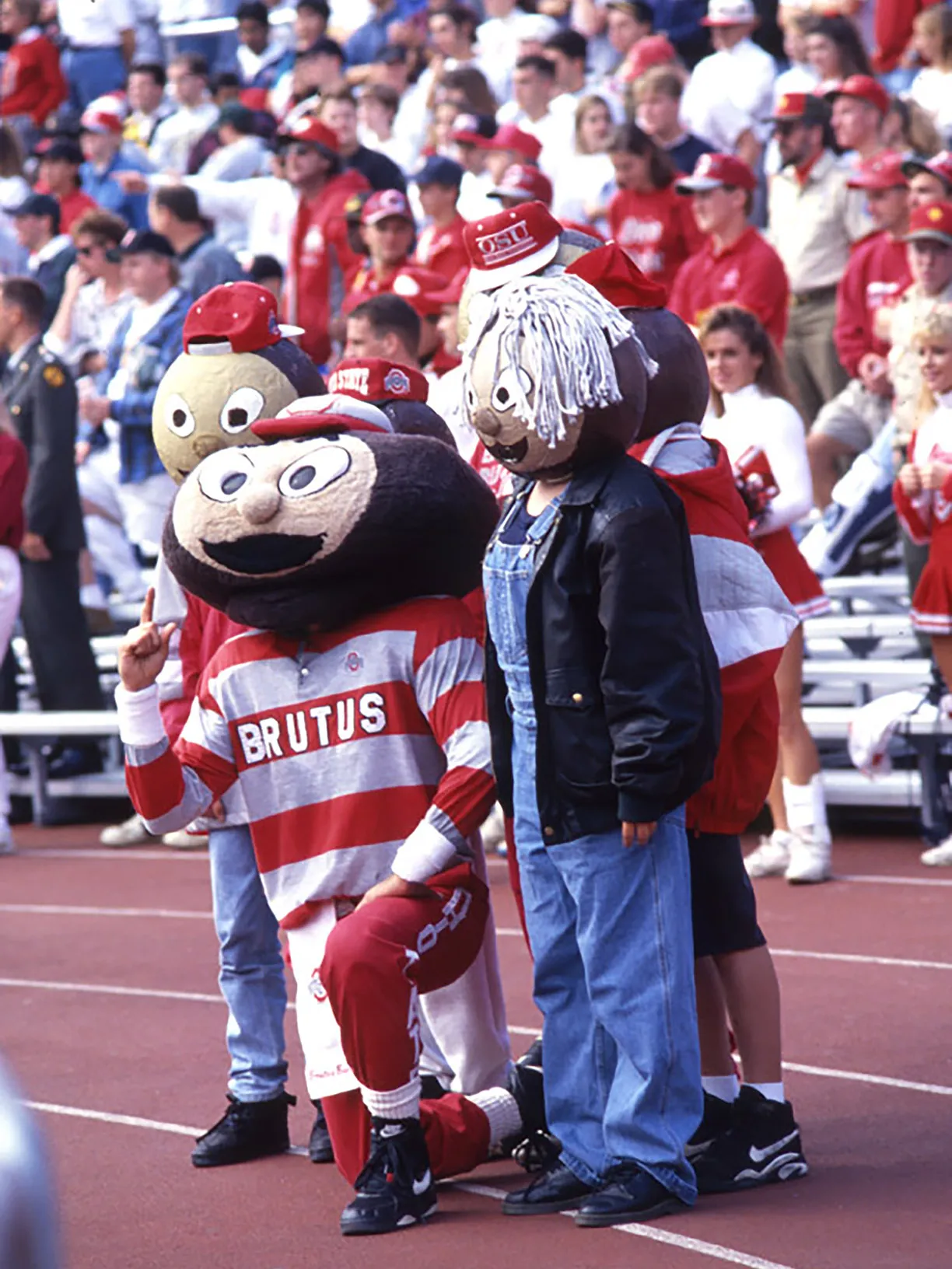 Brutus has a mishapen-looking wide head that is fuzzy. But his outfit here looks more modern--striped shirt and sweatpants.