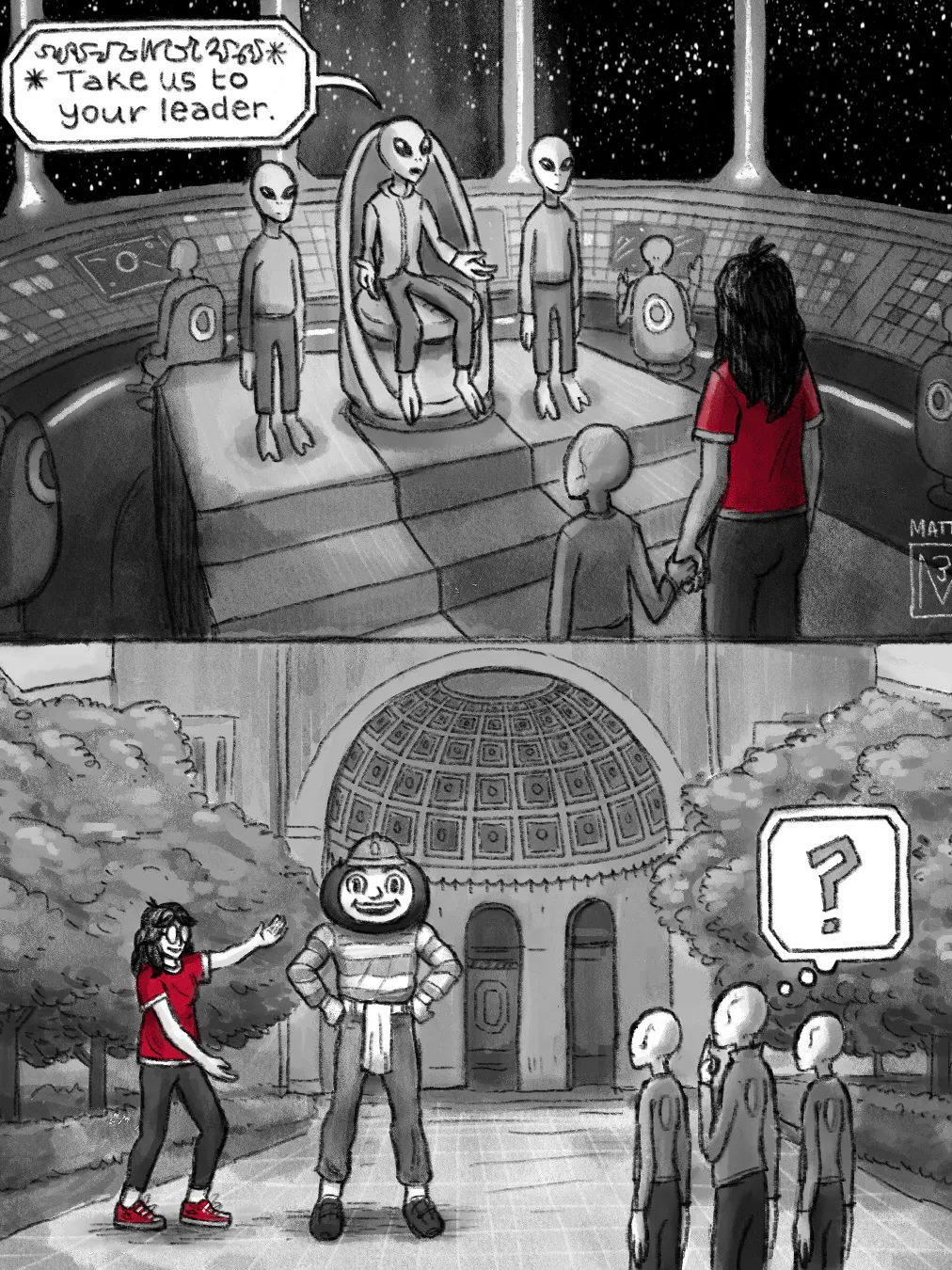 This 2-scene comic shows Gage on a space ship.  A trio of aliens say "tale us to your leader." In the second panel, Gage presents Brutus on the Oval.
