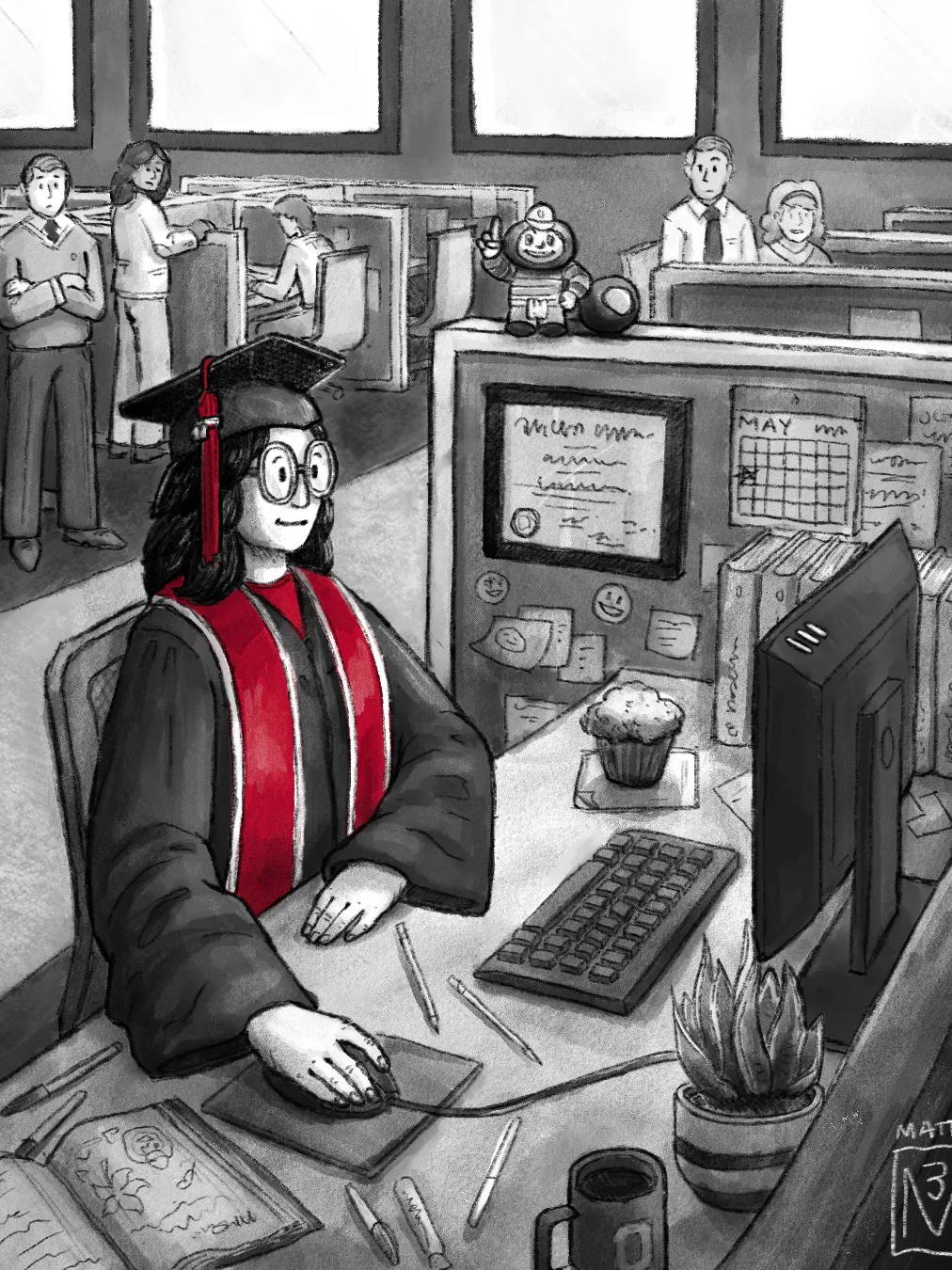 Sitting at a work desk with co-workers in the background, Gage wears her Ohio State cap and gown, as if from a graduation ceremony.