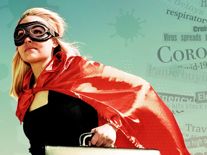 collage of a woman wearing a black mask and red cape over a green background with transparent Covid headlines from newspapers 