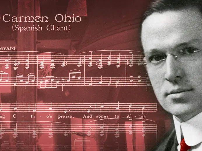 a photo collage of a black and white portrait of Fred Cornell and sheet music for Carmen Ohio over a red photo background.
