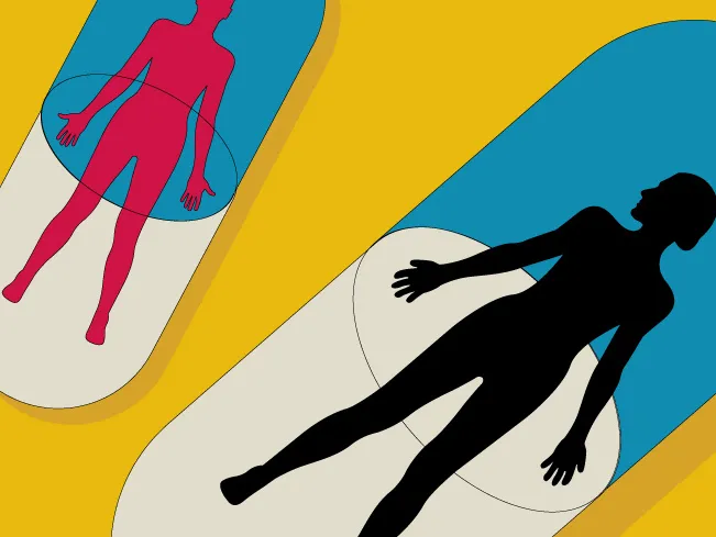 Colorful illustration of silhouetted figures inside blue and white pills against a yellow backgrounds