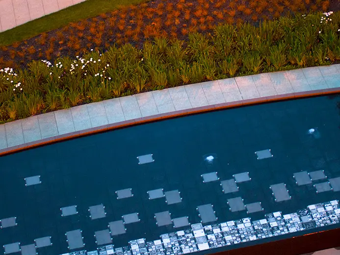 Aerial photo of a flower bed of red, green, and white plants next to a reflecting pool.