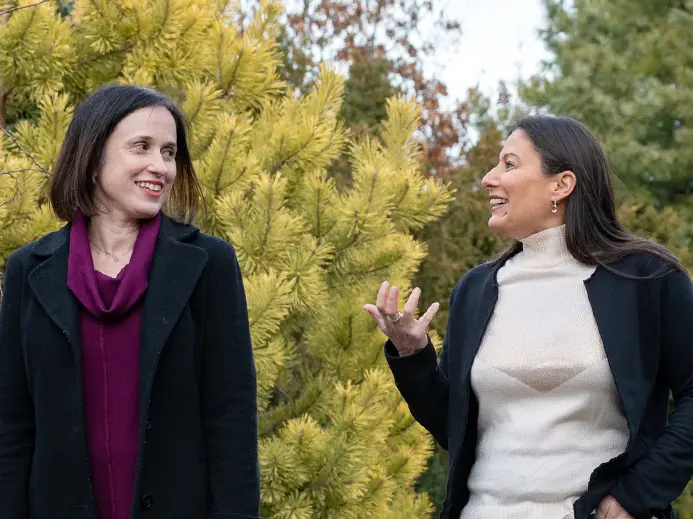 Professor Rebecca Walker Reczek and Associate Professor of Marketing Selin Malkoc enjoy a walk and chat