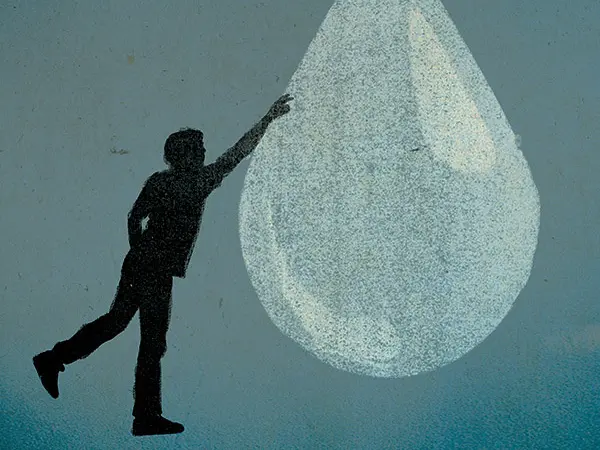 Illustration of a silhouette of a man standing on one foot with his arm extended to touch a giant water droplet, Pat Kastner