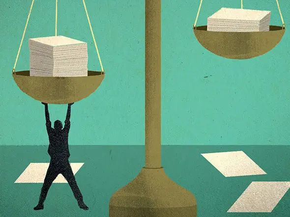 Illustration of a silhouette of a man with his arms raised, holding up one side of a giant scale full of stacks of papers