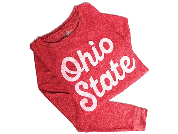 red Ohio State sweatshirt folded on a flat surface with script writing