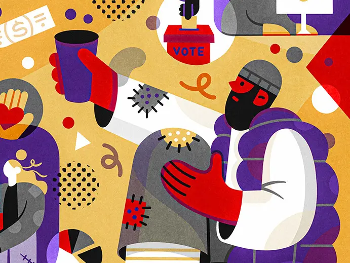 illustration of several different people helping surrounded by various shapes and patterns
