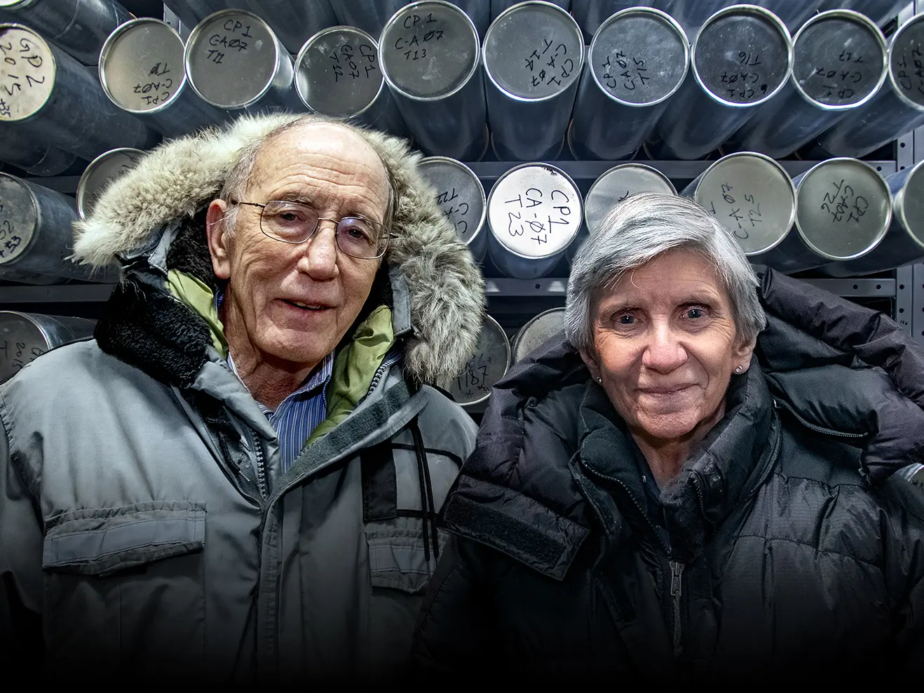 Lonnie Thompson and Ellen Mosley-Thompson in ice core freezer