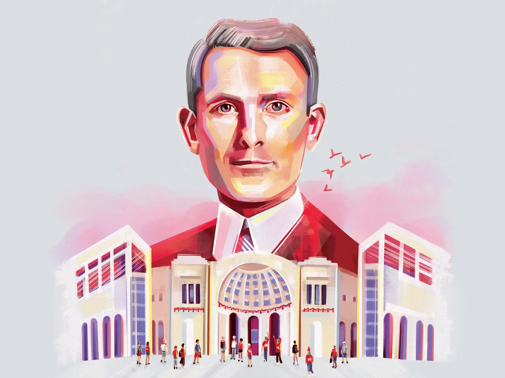 An illustration of Howard Dwight Smith as he appeared in 1921 with Ohio Stadium in the foreground