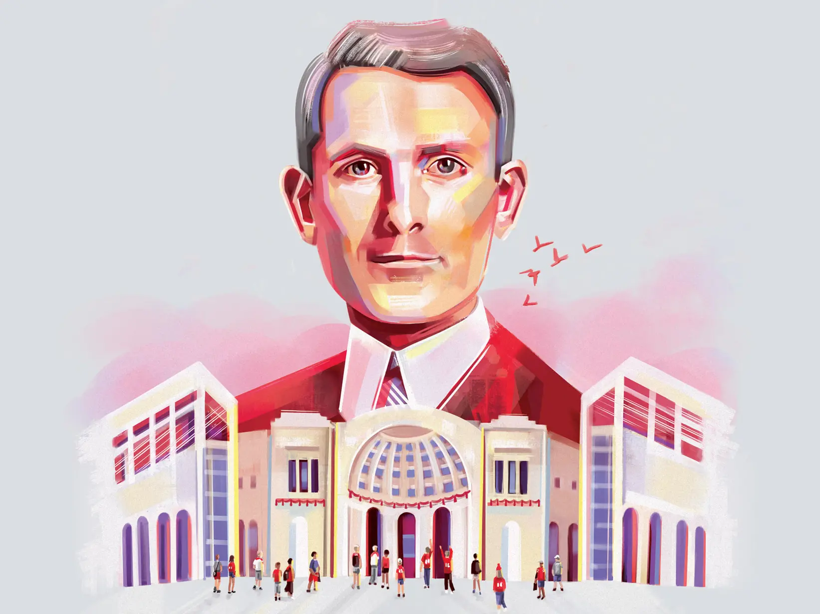 An illustration of Howard Dwight Smith as he appeared in 1921 with Ohio Stadium in the foreground