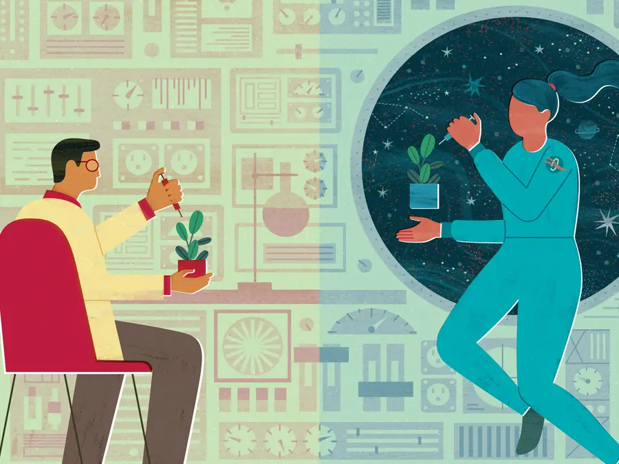 An illustration shows two scientists—one working on a plant in a lab on Earth and one working on a very similar plant in a lab while she floats in space.