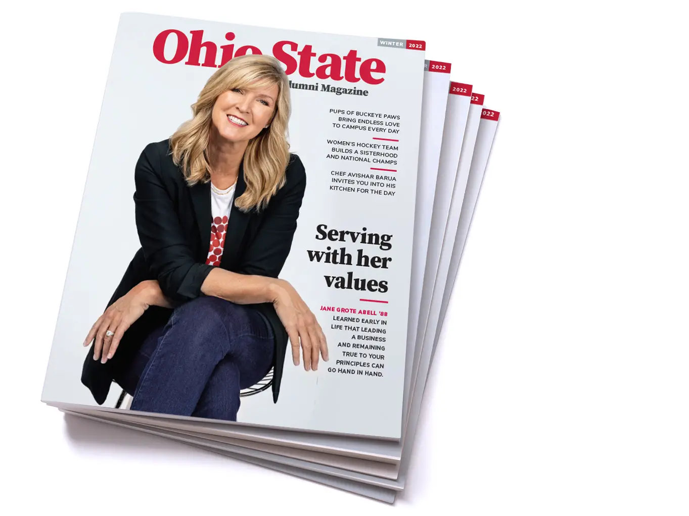 A stack of Ohio State Alumni Magazines show a smiling Jane Grote Abell sitting on a chair on the cover.