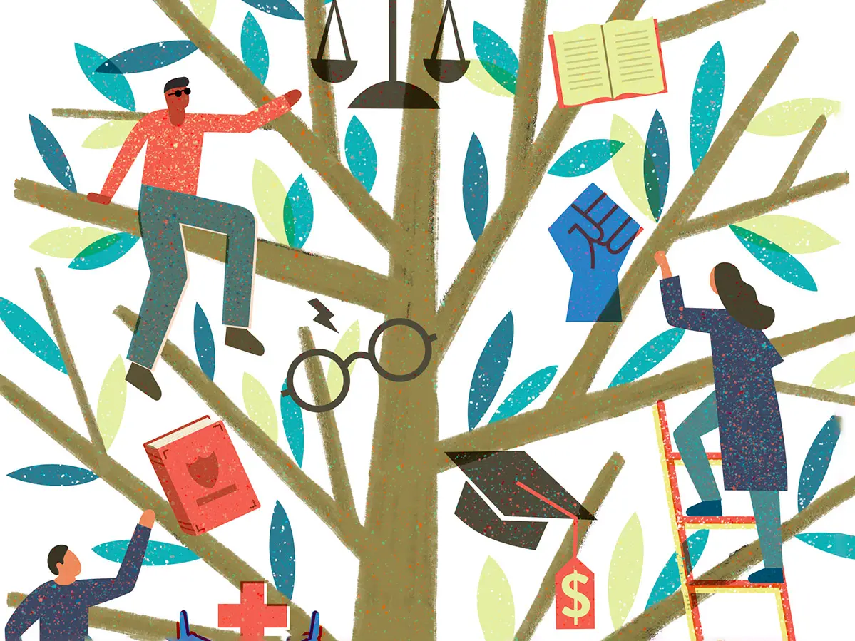 An illustration shows people climbing a tree with ladders or sitting on branches. They are reaching up into the tree, and symbols are among the leaves on its branches. There are symbols of books, scales of justice, a fist, a graduation cap and other related images.