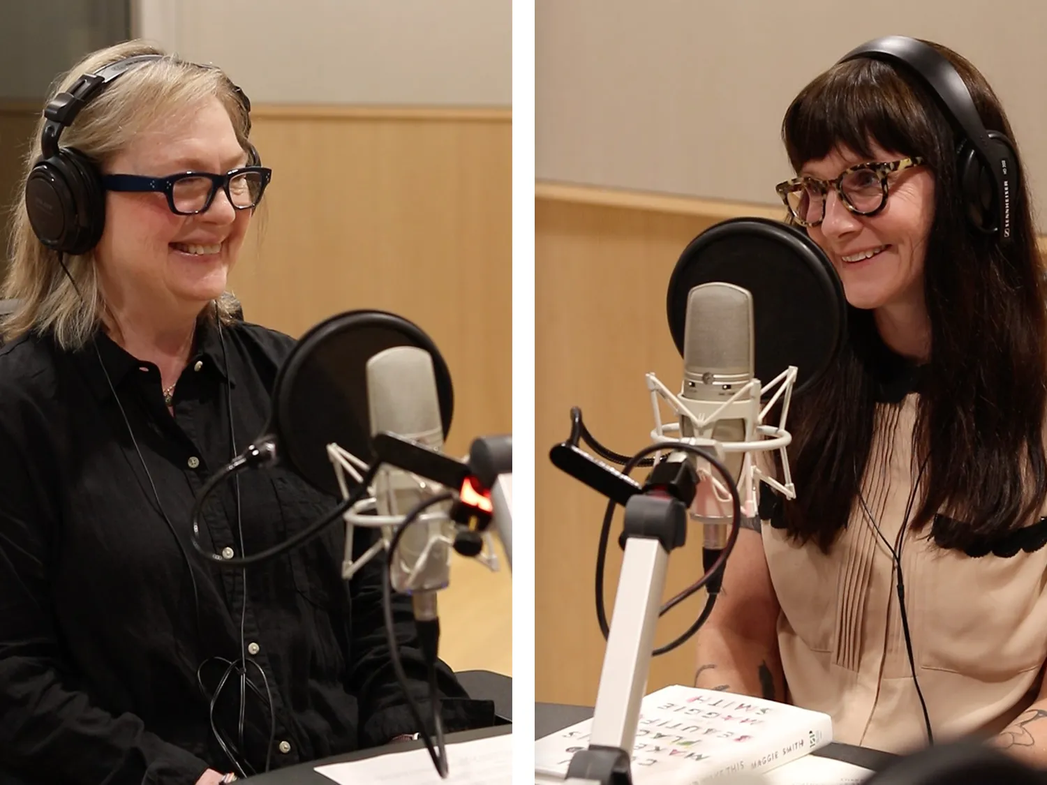Two photos presented side by side show two women in the recording studio where they had their conversation. On the left is Kathy Fagan Grandinetti. She's a light-haired woman smiling cheekily as she looks to the side. The other woman is Maggie Smith. She has long dark hair and blunt-cut bangs, and is smiling as she talks. Both wear headphones and sit before microphones.