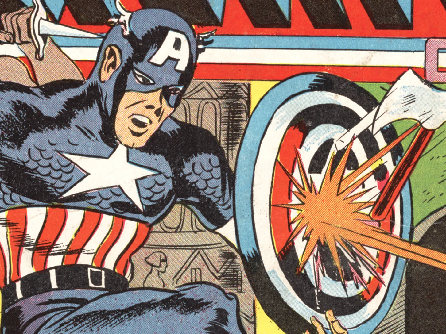 IN a detail from a comic book cover: A hand-drawn Captain America, wearing a red, white and blue suit that covers the top half of his face to hide his identity, holds up his shield to block an attack that makes short rays blast in all directions.