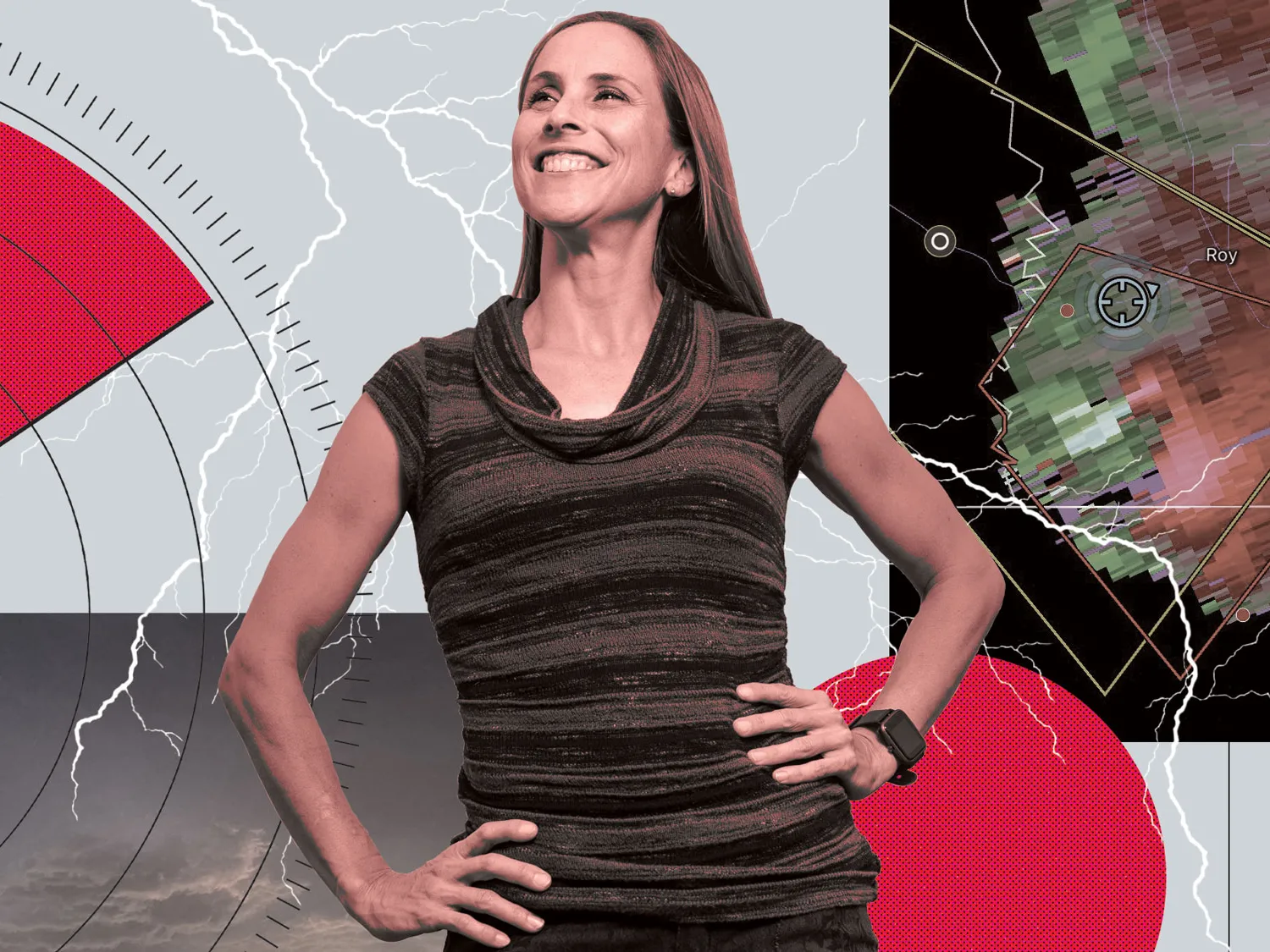 Jana Houser, a white woman with her straight hair pushed behind her shoulders, grins as she looks up and stands confidently with her hands on hips. In an illustrated background to her image are radar images and photos of storms, colored in shades of Ohio State’s scarlet and gray. 